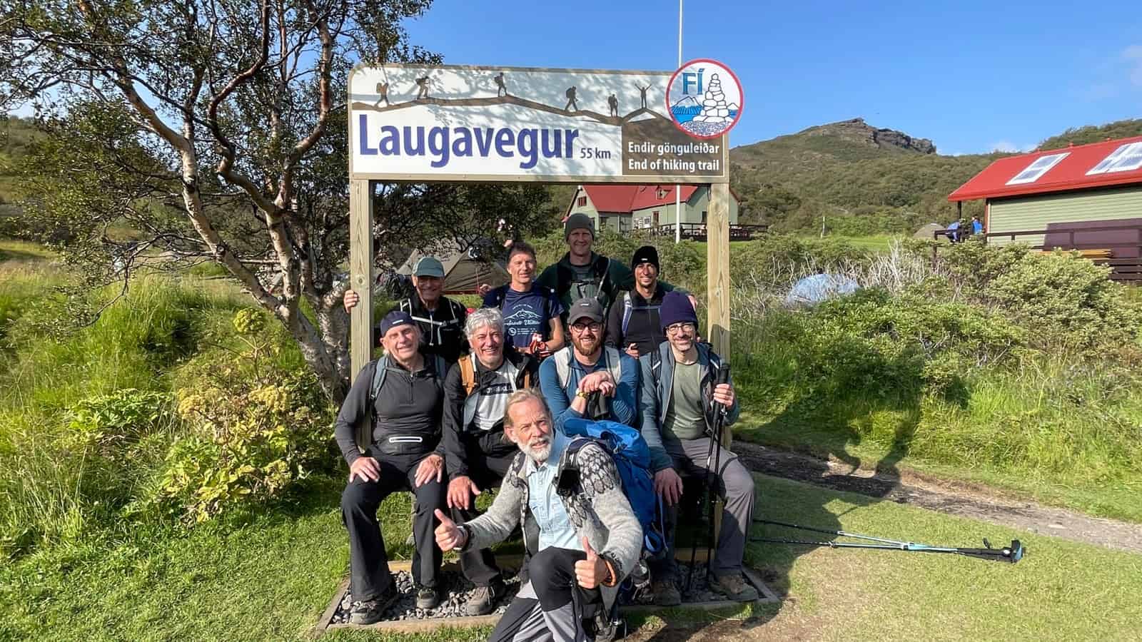 Group of Hikers in front aof Laugavegur Trek sign