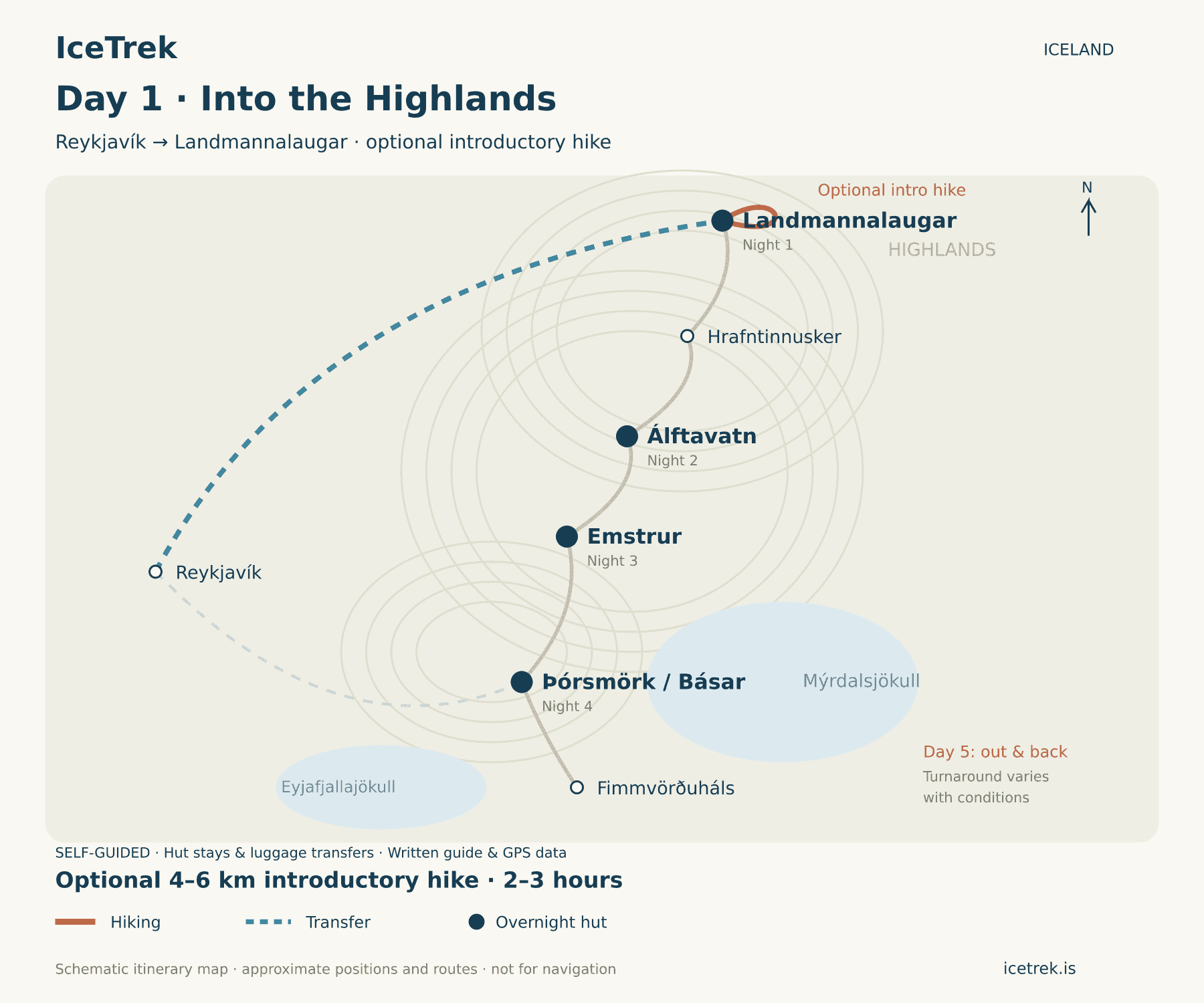 Map of Day 1 Laugavegur Trek from Reykjavik to Landmannalaugar.