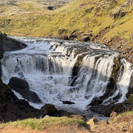 Scenic Iceland waterfall with lush green surroundings and flowing water.