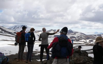Group overlooking the highlands at Landmannalaugar on Day 01 of the Laugavegur Trek