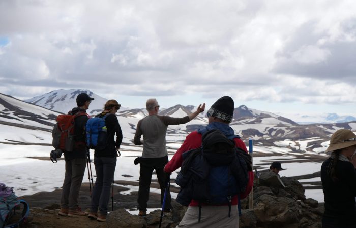 Group overlooking the highlands at Landmannalaugar on Day 01 of the Laugavegur Trek