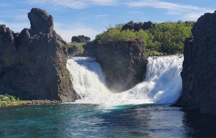 Hjálparfoss waterfall during a sightseeing stop on Day 01 of the Laugavegur Trek