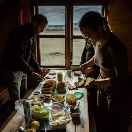 prepering lunch in Sveinstindur hut, Eldgjá Canyon trekking route