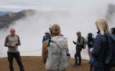 Guide Jósep explaining geothermal activity along the Laugavegur Trek on Day 02