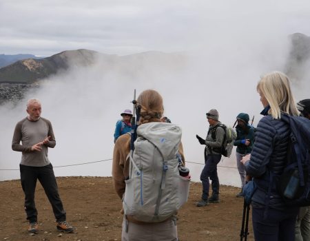 Guide Jósep explaining geothermal activity along the Laugavegur Trek on Day 02