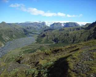 View over Þórsmörk Valley with glaciers in the distance on Day 05 of the Laugavegur Trek