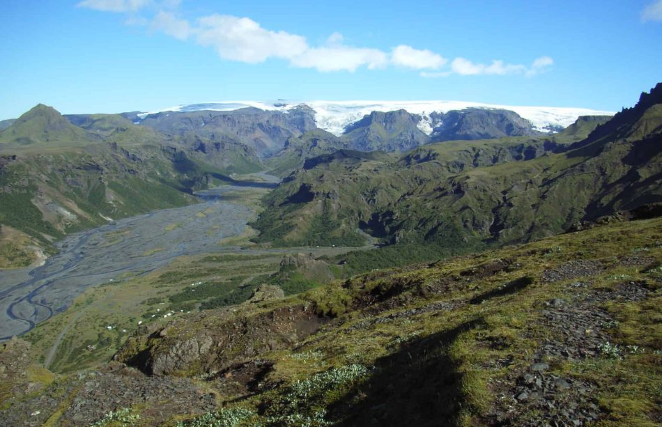 View over Þórsmörk Valley with glaciers in the distance on Day 05 of the Laugavegur Trek