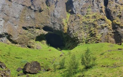 Moss-covered cliffs and volcanic cave in Þórsmörk Valley on Day 05 of the Laugavegur Trek